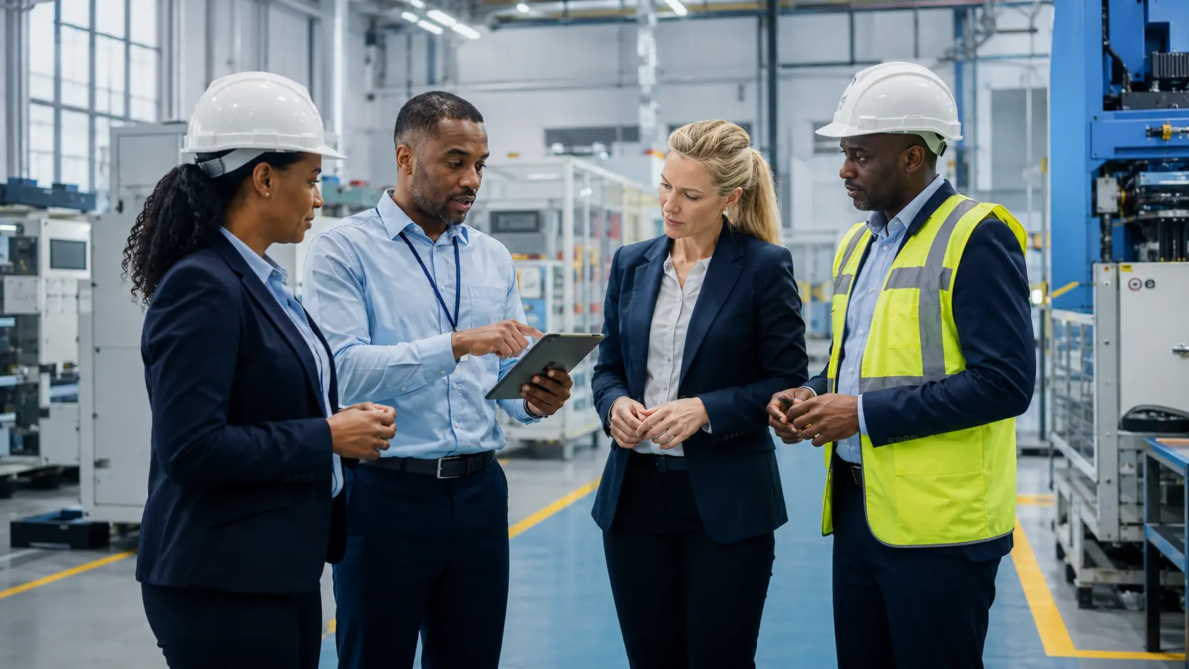 An assessment team reviewing operational evidence in a modern manufacturing facility