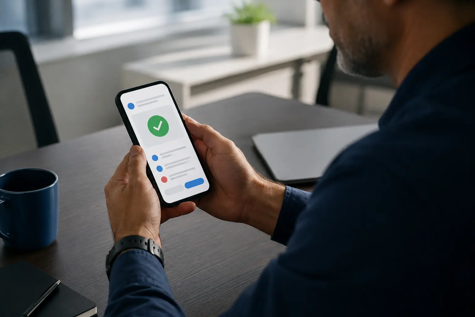 A professional viewing a generic positive status indicator on a mobile device