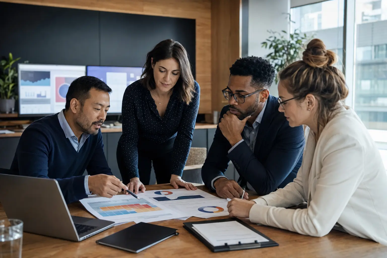Four professionals reviewing risk and continuity information