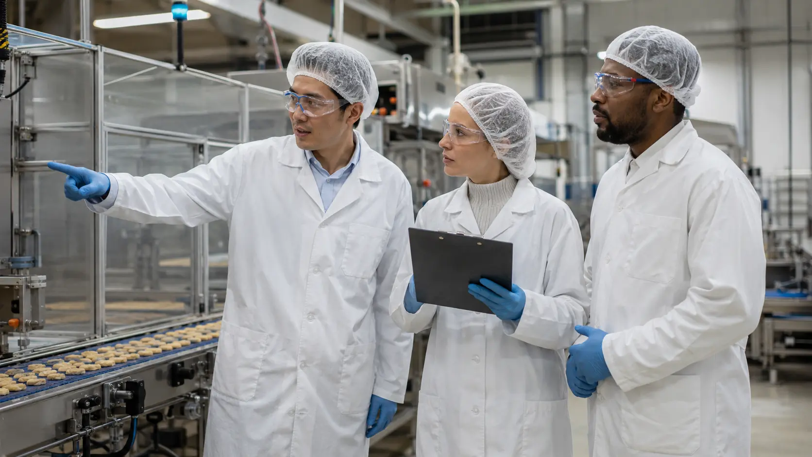 Three food-production professionals observing process controls