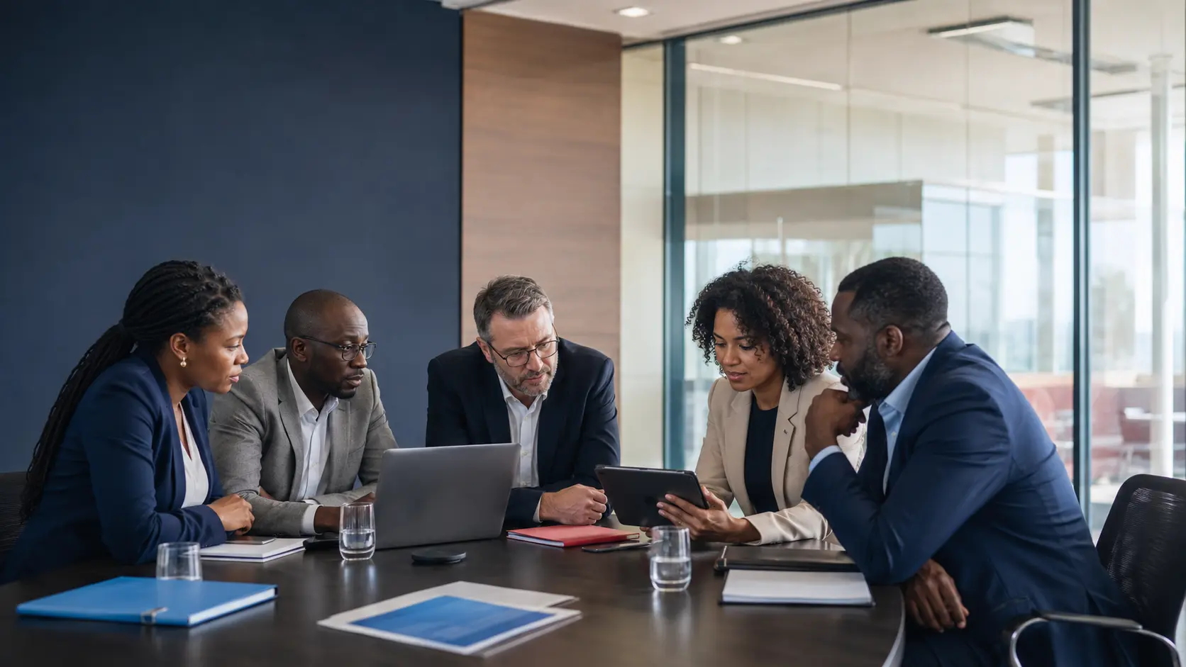 Five diverse professionals reviewing business evidence in a modern meeting room