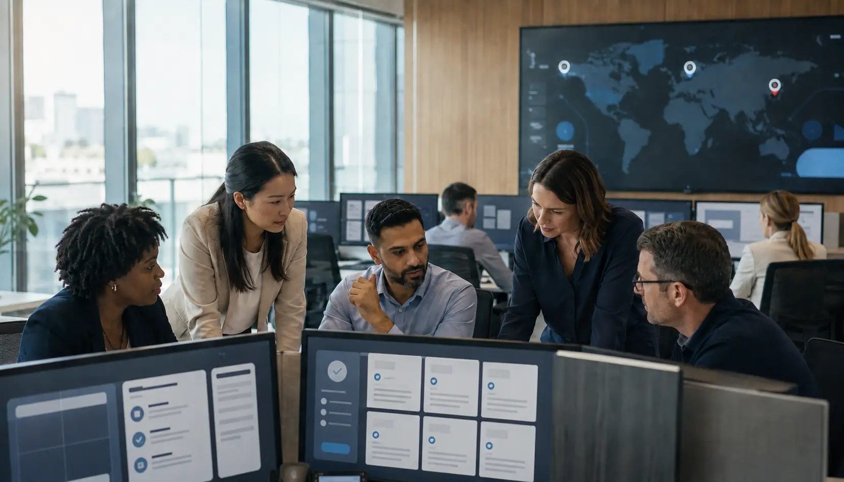 A diverse team coordinating information across multiple locations